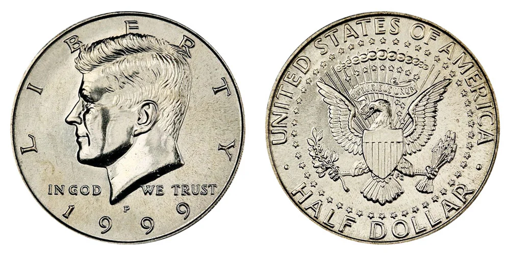 1999-P Kennedy half dollar obverse and reverse showing JFK portrait, mint mark, and eagle design