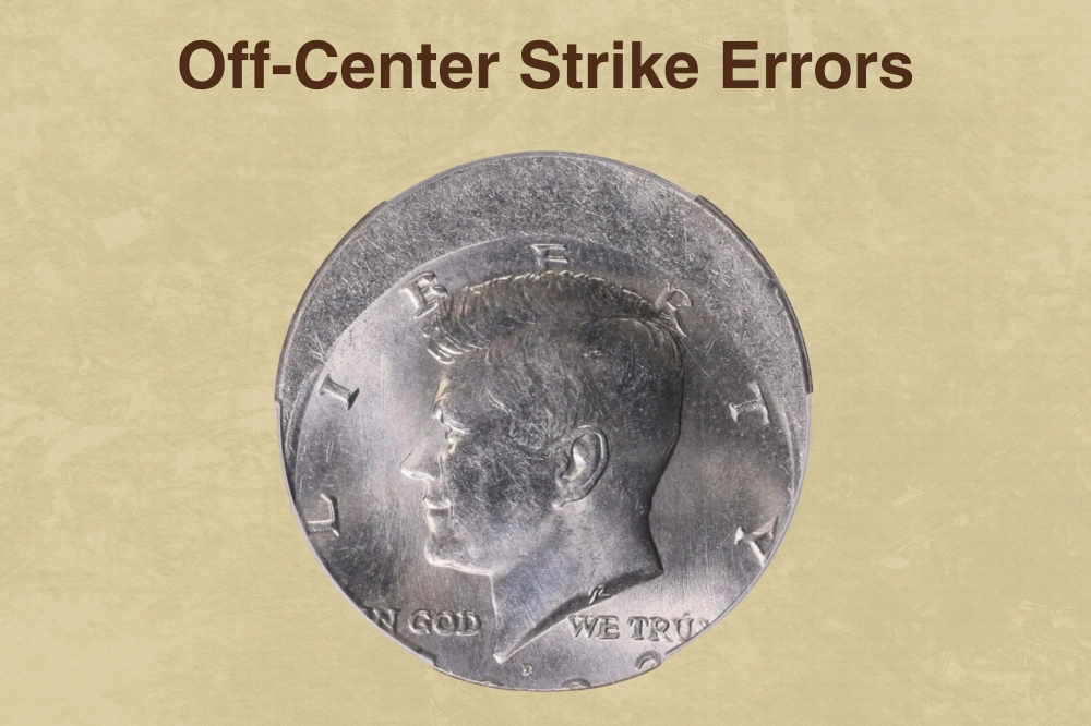 1999 Kennedy half dollar off-center strike error showing design shifted with crescent of blank metal visible