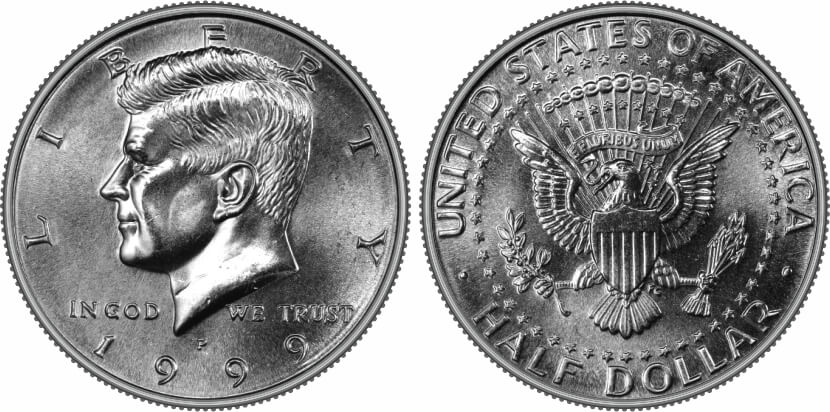 Group of 1999 Kennedy half dollars from Philadelphia and Denver mints showing various grades