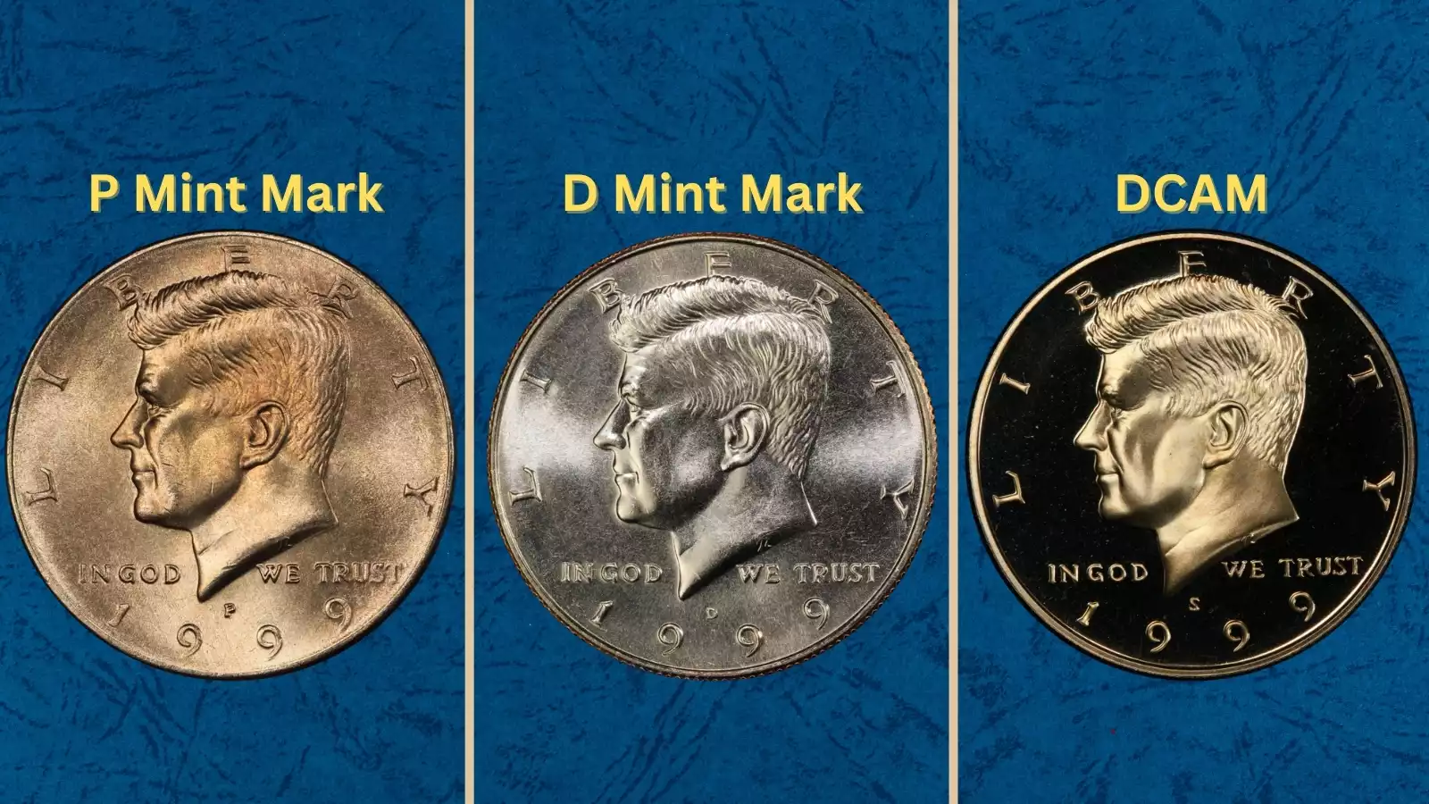 Grading strip showing 1999 Kennedy half dollars in four condition tiers from worn to gem MS67